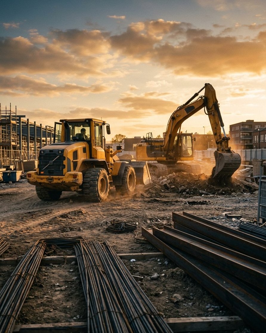 Rakodógép és markológép egy építkezésen, előtérben betonacél